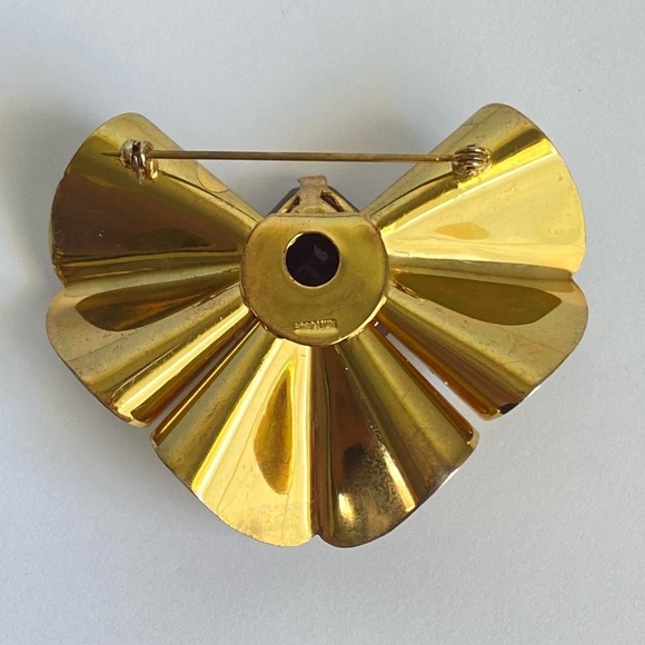 Vintage Gold Vermeil Ruffle Brooch Sterling Silver Princess Cut Garnet Glass Pin - Picture 8 of 11